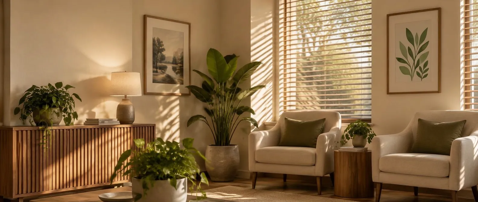 A sunlit waiting room with cream armchairs, a wood console and leafy green plants