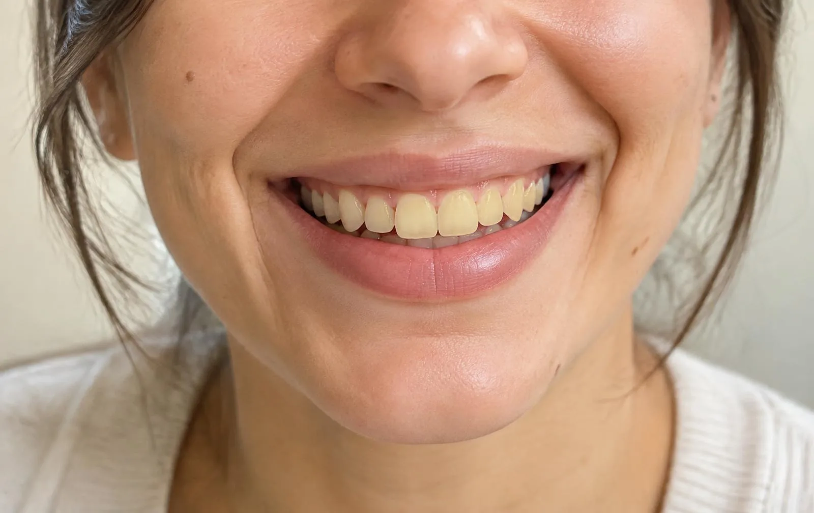 Close-up of a smile with yellowed, coffee-stained teeth