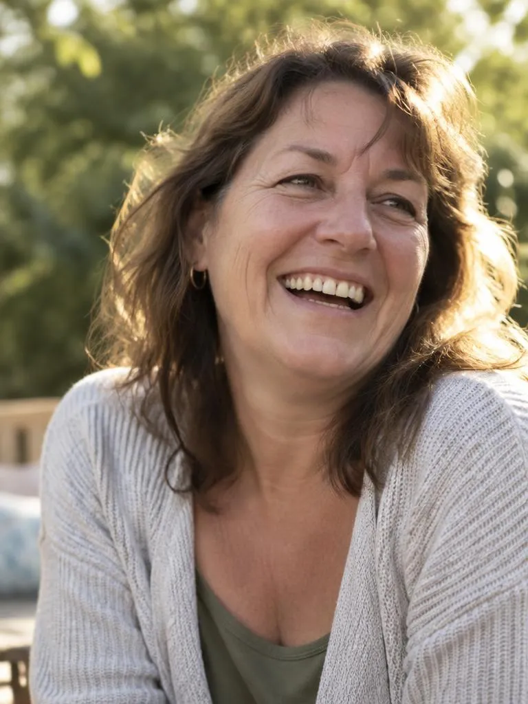 A woman with shoulder-length hair laughing outdoors in warm evening light