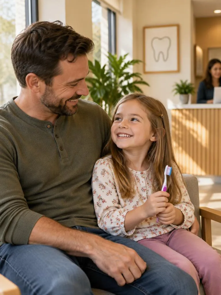 A father and his young daughter, holding a toothbrush, smiling in a sunny waiting room