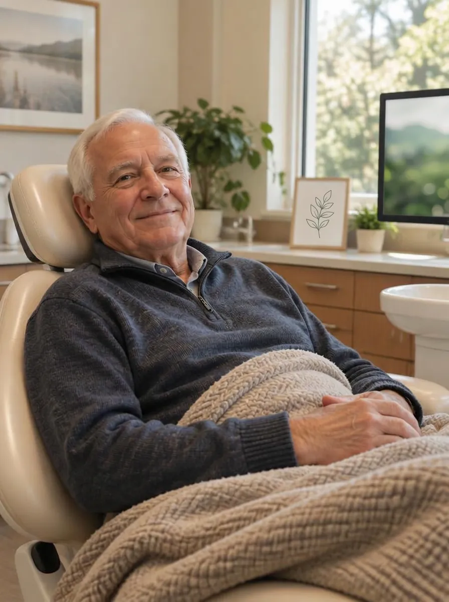 An older man resting in a dental chair under a soft blanket, smiling calmly