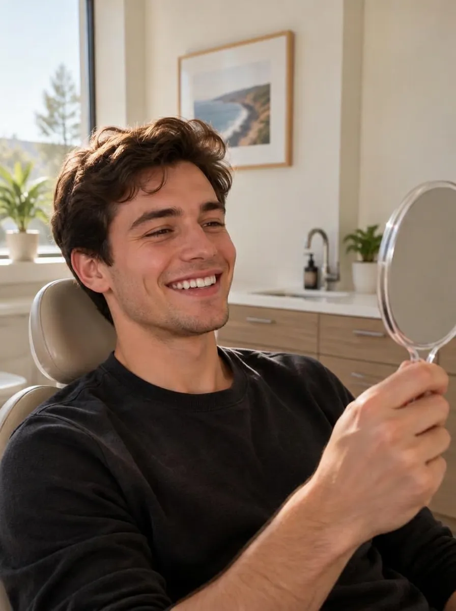 A young man in a dental chair smiling at himself in a hand mirror